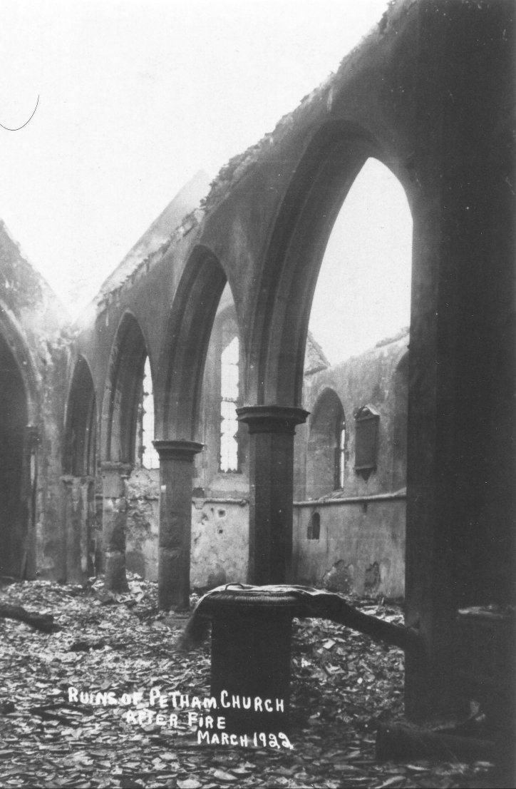 Ruins of Petham church after fire, March 1922